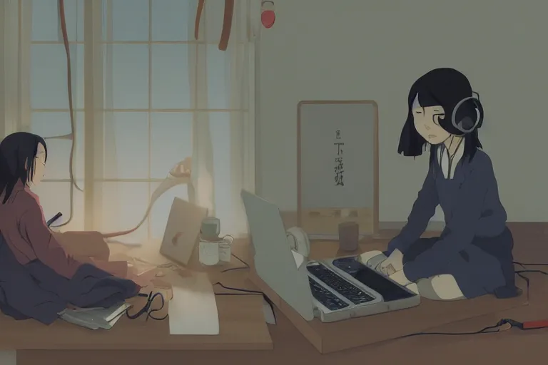 Prompt: a japanese anime traditional lo - fi girl in her room wearing headphones and working in her laptop loop, moody neutral hipster tones, joy gaze, cel - shaded, classical animation, cinematic, edge - to - edge print, rendered by studio ghibli, artgerm, alyssa monks, andreas rocha, david kassan, neil blevins