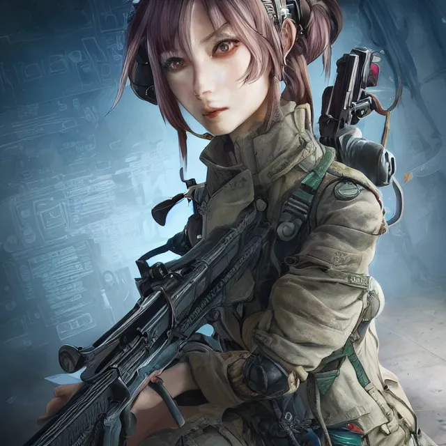 Image similar to the portrait of lawful neutral female futuristic marine sniper as absurdly beautiful, gorgeous, elegant, young anime girl, an ultrafine hyperdetailed illustration by kim jung gi, irakli nadar, intricate linework, bright colors, octopath traveler, final fantasy, unreal engine 5 highly rendered, global illumination, radiant light, detailed and intricate environment