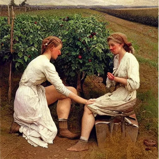 Image similar to by walter langley calm. a beautiful body art depicting a farm scene. the body art shows a view of an orchard with trees in bloom.