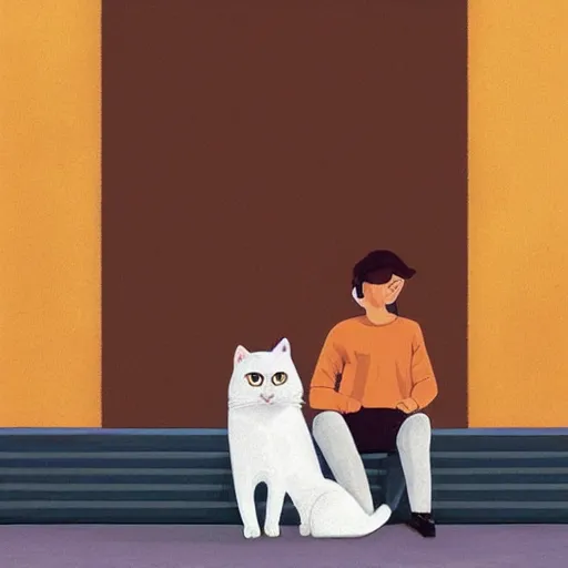 Image similar to a man and a woman sitting down with their white cat, the boy is bald with a brown baseball hat, the girl has short curly black hair, art by Alena Aenami