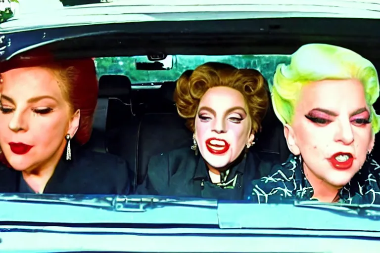 Image similar to lady gaga and judy garland doing carpool karaoke, lady gaga and judy garland, carpool karaoke, lady gaga, judy garland, carpool karaoke, youtube video screenshot, the late late show with james corden, higly realistic, high resolution, dashcam