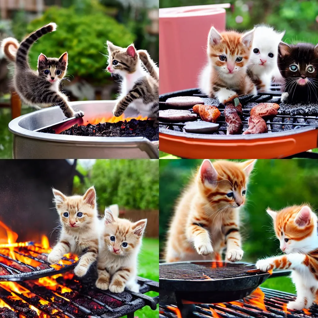 Prompt: long shot of cute kittens playing on a hot barbecue in a garden