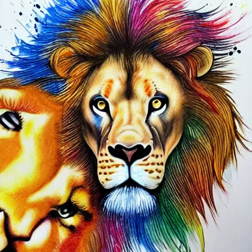 Image similar to hyper realistic, and detailed art, incrinate, baroque, aesthetic, watercolour pencil, hercules vs crimea lion, with pop art style