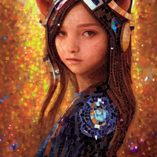 Prompt: mosaic portrait of a beautiful young girl with robot ears falling into the universe by Ross Tran, 4k, intricate details