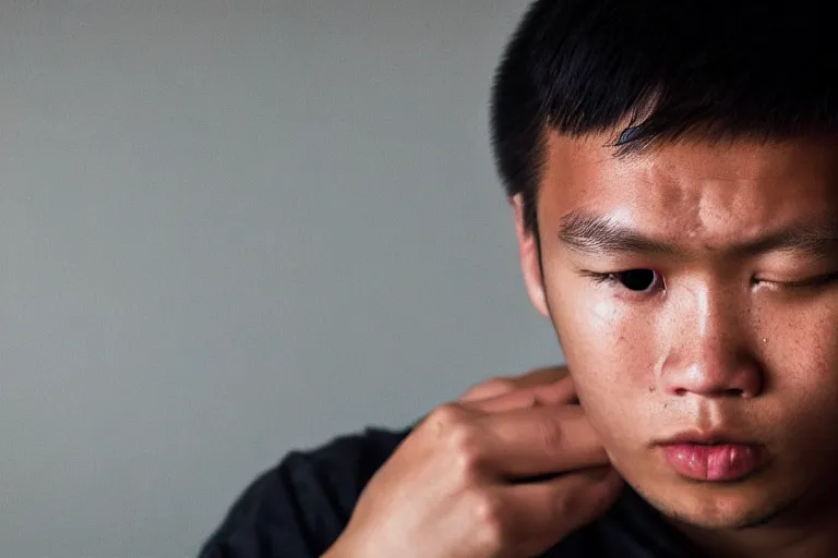 Image similar to closeup potrait of young filipino man looking defeated in front of his computer, amsterdam, dark room, screen light, sharp, detailed face, magazine, press, photo, Steve McCurry, David Lazar, Canon, Nikon, focus