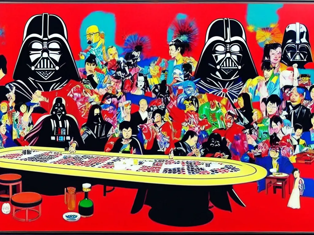 Image similar to hyper - realistic composition of a large room with an extremely detailed poker table in the center, woman in traditional japanese kimono standing nearby, darth vader sitting at the table, fireworks in the background, pop art style, jackie tsai style, andy warhol style, acrylic on canvas, dull palette