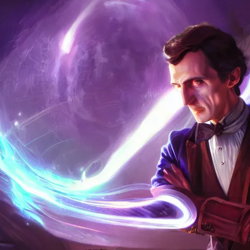 Image similar to portrait of nikola tesla as willy wonka, league of legends amazing splashscreen artwork, fantasy, splash art, natural light, elegant, photorealistic facial features, intricate, fantasy, detailed face, atmospheric lighting, anamorphic lens flare, cinematic lighting, league of legends splash art, hd wallpaper, ultra high details by greg rutkowski