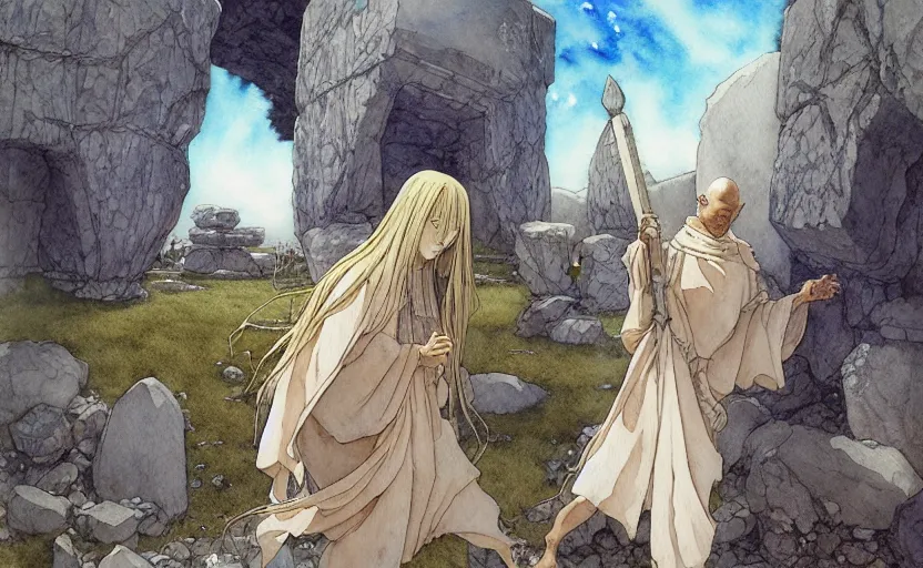 Image similar to a realistic anime watercolor fantasy concept art of a giant monk with a big forehead in grey robes partying in stonehenge. an immense stone is floating in the air. by rebecca guay, michael kaluta, charles vess