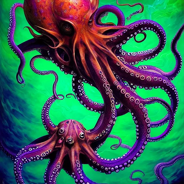 Image similar to depicting an octopus, in the style of h. p. lovecraft, exuberant organic elegant forms, by karol bak and filip hodas : : 1. 4 purple, red, blue, green, black intricate mandala explosions : : intuit art : : turbulent water backdrop : : damask wallpaper : : atmospheric