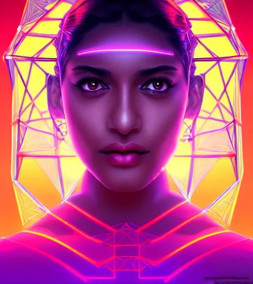 Image similar to symmetry!! indian princess of technology, solid cube of light, hard edges, product render retro - futuristic poster scifi, lasers and neon circuits, brown skin gorgeous indian princess, intricate, elegant, highly detailed, digital painting, artstation, concept art, smooth, sharp focus, illustration, dreamlike, art by artgerm