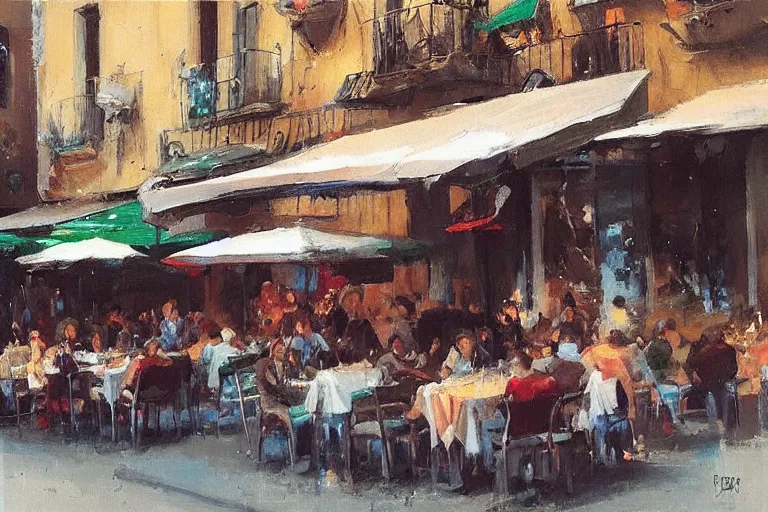 Image similar to “ italian street restaurant on the boulevard, simon pasini ”