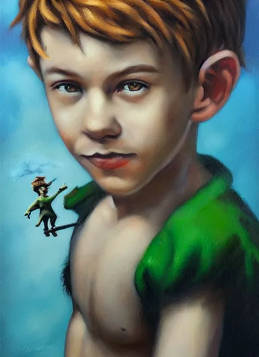 Image similar to lifelike oil painting portrait of peter pan by banksy