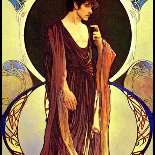 Prompt: gaspard ulliel portrait by louis - theophile hingre and alphonse mucha, realistic, sharp focus, zodiac signs, tarot cards, planets, ethereal, art nouveau, magic, moon, sun, crown, dreamy, royal, jewellery
