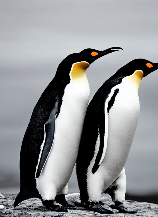Image similar to two penguins black and white portrait white sky in background