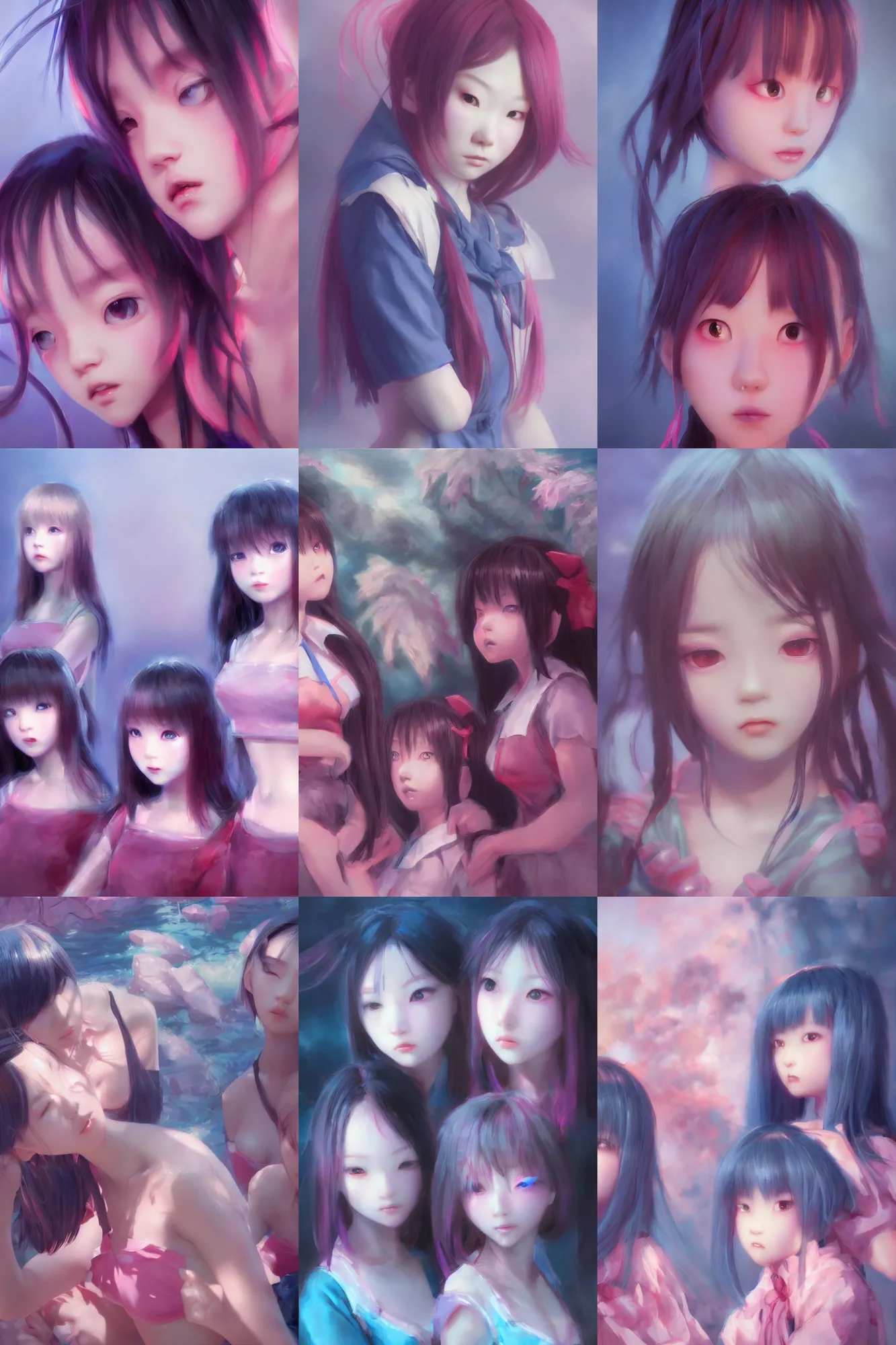 Prompt: 3d dark infrared octane render concept art by D. Jun, by Mo Xiang Tong Xiu, by Igarashi Daisuke, beauty portrait anime schoolgirls under dark pink and blue water. cute sad face. dramatic deep light, trending on artstation, oil painting.