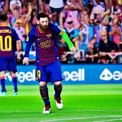 Prompt: Lionel Messi doing the Fortnite default dance after a goal