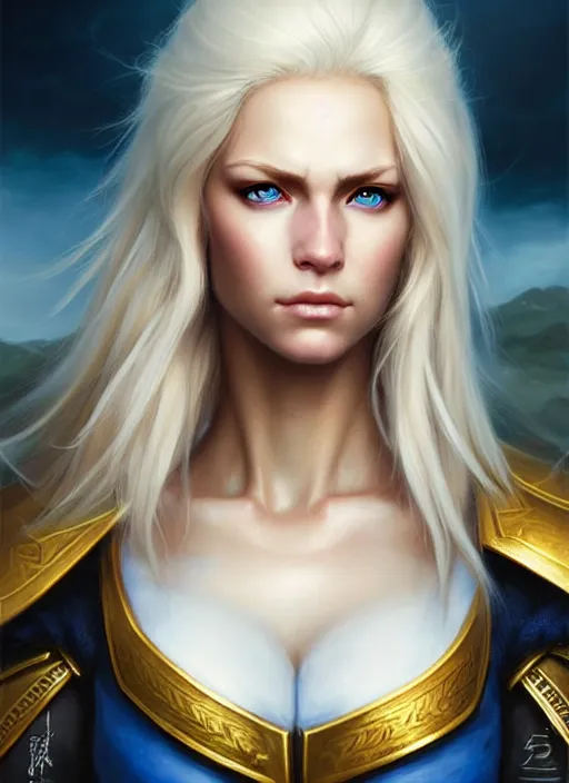 Image similar to a _ fantasy _ style _ portrait _ painting _ of white female paladin with blonde hair and blue eyes, scar under left eye, holy oil _ painting _ unreal _ 5 _ daz. _ rpg _ portrait _ extremely _ detailed _ artgerm _ greg _ rutkowski _ greg