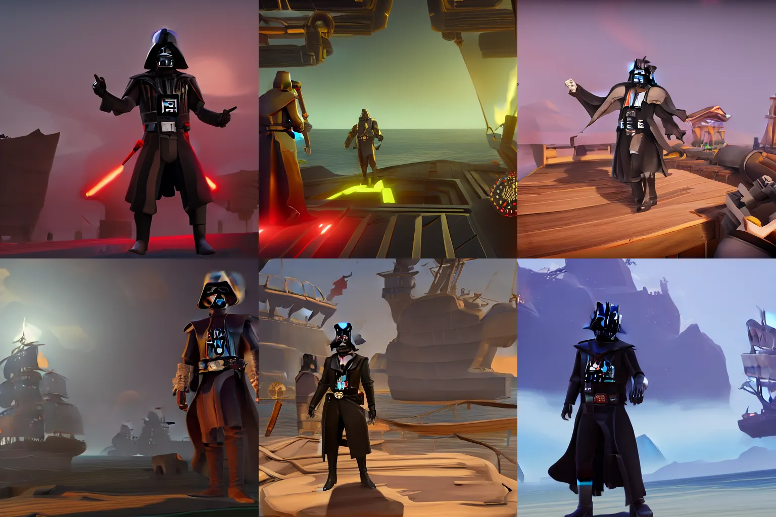 Prompt: screenshot of Darth Vader-inspired pirate costume in Sea of Thieves