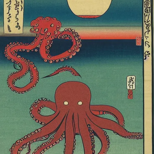 Image similar to an octopus using a laptop to hack into a server, ukiyo-e by Utagawa Kuniyoshi