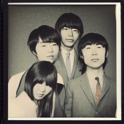 Prompt: Polaroid photograph of stylish Japanese college students, taken in 1966