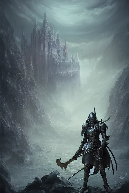 Prompt: Knight in style of Dark souls and elden ring, by Makoto Shinkai and Thomas Kinkade, fantasy matte painting, trending on cgsociety and unreal engine，light effect，highly detailed