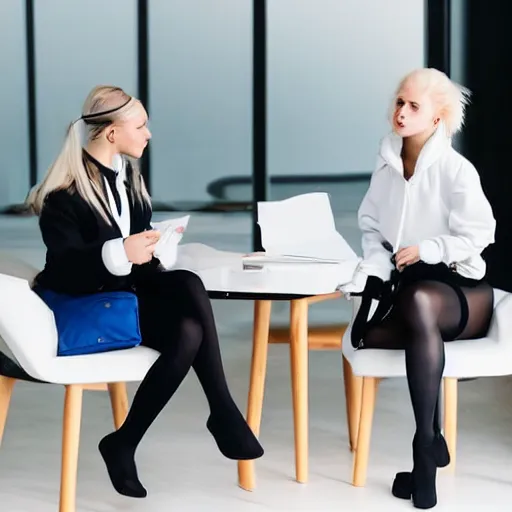 Image similar to 19-year-old Aristocratic platinum-blonde-haired hime-cut blue-eyed French empress wearing white leggings and black jacket, sitting in office, chatting with female communist officer, futuristic gadgets, HD photograph