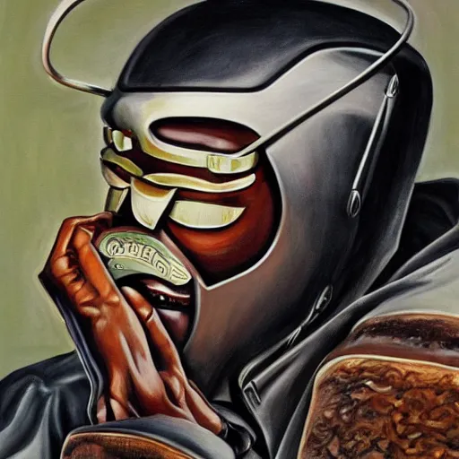 Prompt: beautiful lifelike painting of mf doom forgets his pot holders, hyperreal detailed facial features and uv lighting, art by ed roth and basil wolverton