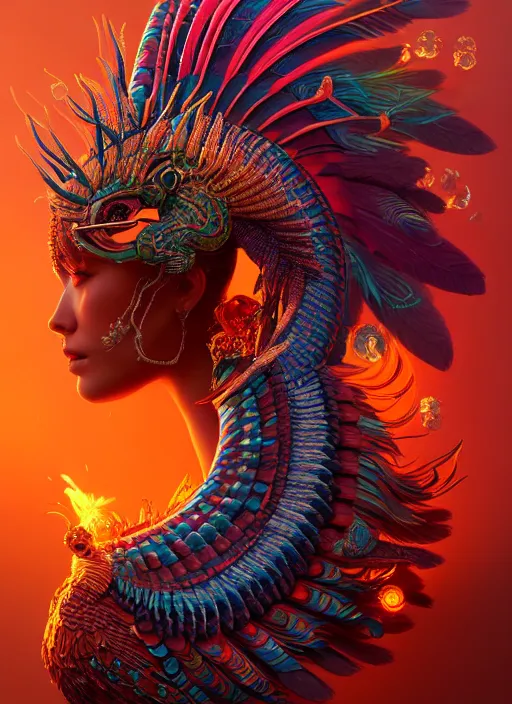 Image similar to a wlop 3 d portrait of a goddess, 8 k micro details beautiful intricate highly detailed quetzalcoatl skull and feathers. fire, galaxy, artwork by tooth wu and wlop and beeple and greg rutkowski, trending on artstation,