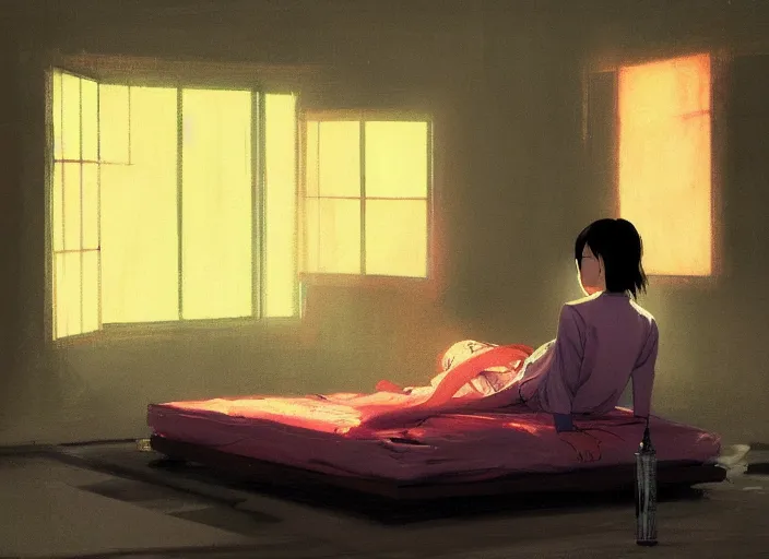 Prompt: famous japanese actress girl seeing the shadow of her desires on the bed of abandoned nightmare house with a light from a window creating dreams, style of James Jean, Edward Hopper, Francis Bacon, colors of Mark Rothko, Frank Auerbach, trending on artstation, Greg Rutkowski, dark atmosphere