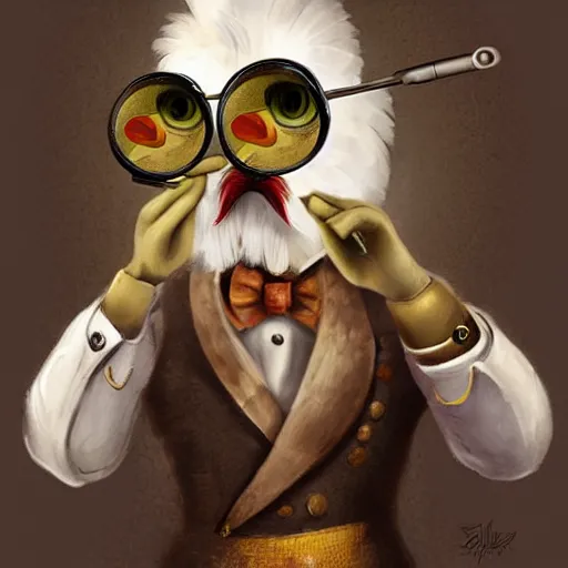 Prompt: a chicken butler with a fancy mustache and a monocle, high detail, digital art,