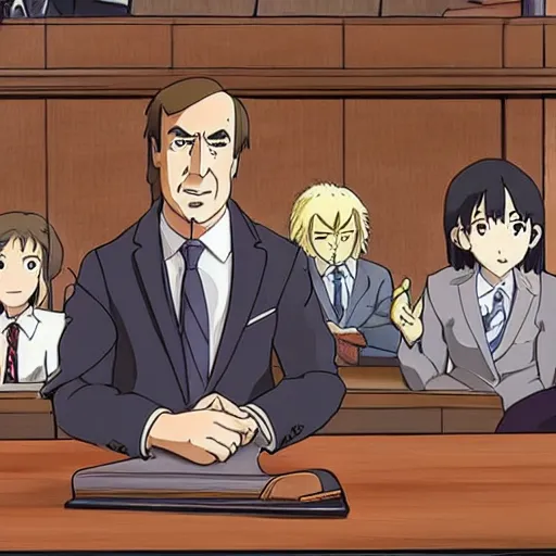 Image similar to Saul Goodman in a courtroom, anime, movie, by studio ghibli