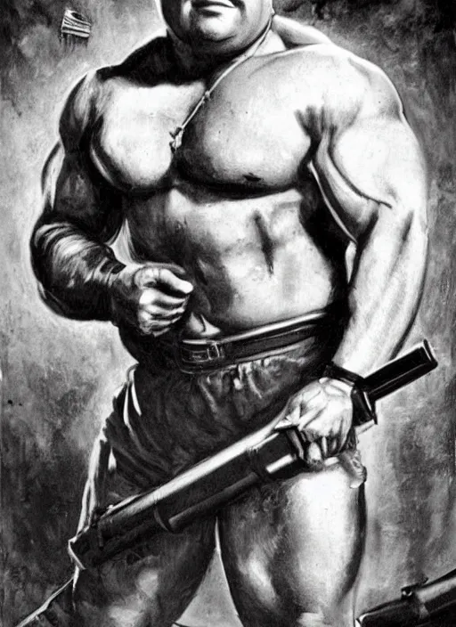 Image similar to gk chesterton as a buff action hero with muscles and a shotgun. portrait by james gurney. realistic face. awesome.