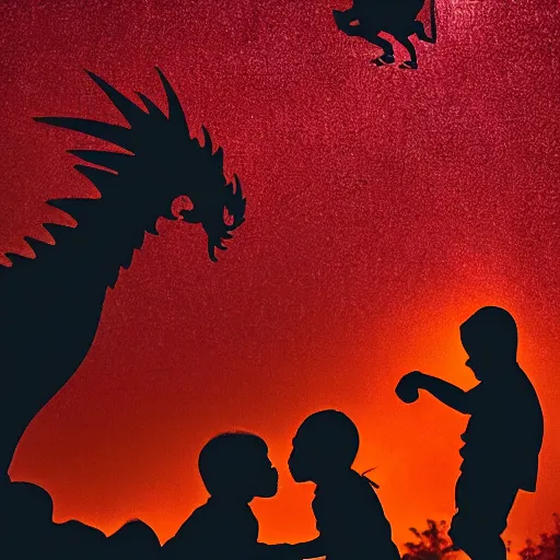 Image similar to a dragon saving a child from a fire, dramatic photography, silhouette, bokeh