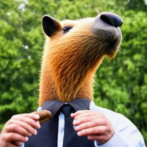 Image similar to an antropomorphic capybara wearing a suit smoking a cigar