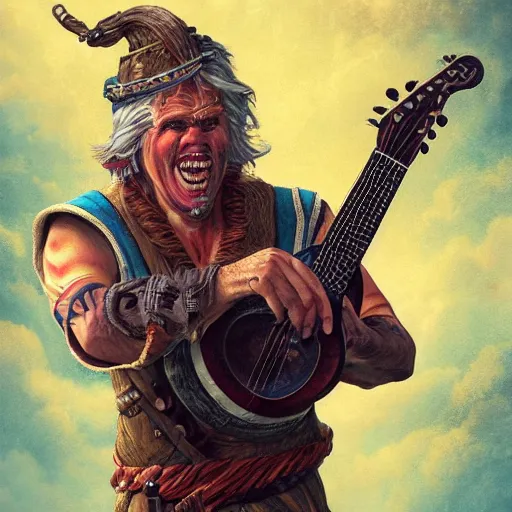 Image similar to detailed photo of a Half-orc bard portrayed by Gary Busey playing a lute, 8k,by Tristan Eaton, Stanley Artgermm, Tom Bagshaw, Greg Rutkowski, Carne Griffiths, trending on DeviantArt, face enhance, hyper detailed ,full of color, dramatic lightning, epic stance