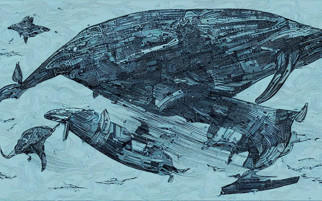 Prompt: biomechanical flying whale, in the style of james jean and laurie greasley, dynamic composition, dramatic lighting, hyper - realistic, ultra detailed