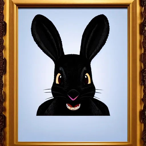 Image similar to A extremely highly detailed majestic hi-res beautiful, highly detailed head and shoulders portrait of a scary terrifying, horrifying, creepy black cartoon rabbit with scary big eyes, earing a shirt laughing, hey buddy, let's be friends, in the style of Walt Disney animation