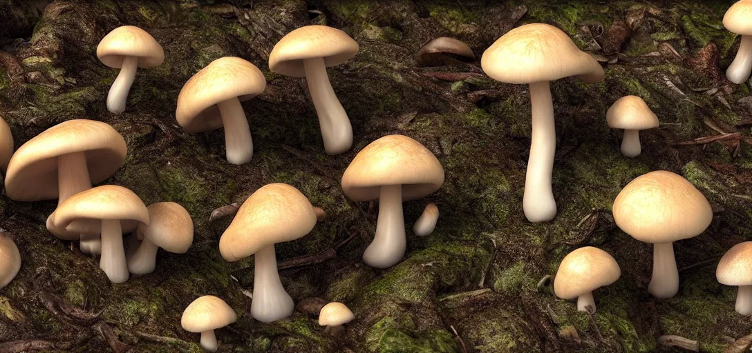 Prompt: 3 d study of a bunch of mushrooms in the forest, photorealistic, detailed, octane