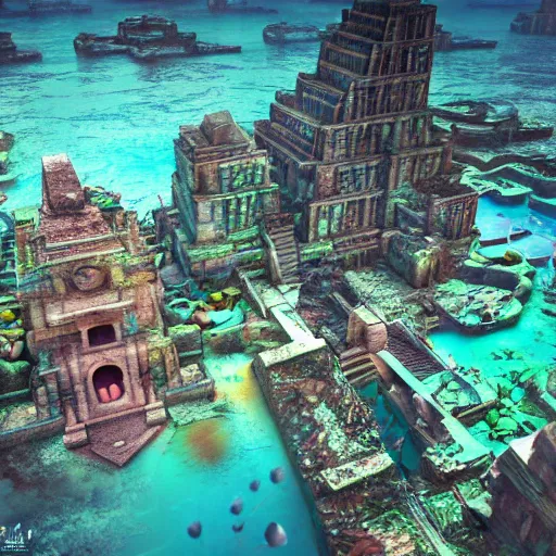 Prompt: abandoned lost city of Atlantis under water , vibrant colors, Smooth, 3D Render, cinema 4d, blender 3d, photorealistic, 8k, HDR, Cinema, cinematic