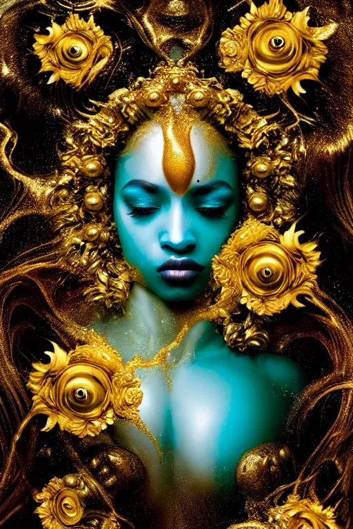 Image similar to hyperrealistic neo - rococo cinematic very expressive! black oshun goddess, open eyes, body in water, mirror dripping droplet!, gold flowers, highly detailed face, digital art masterpiece, smooth eric zener cam de leon dramatic pearlescent teal light, ground angle uhd 8 k, sharp focus