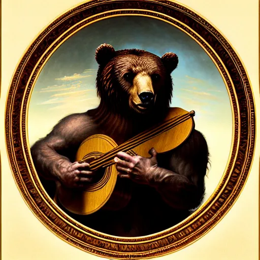 Prompt: renaissance upper body portrait of a realistic bear playing lute, lean and toned, handsome face, hairy chest, D&D, intricate, elegant, highly detailed, digital painting, artstation, concept art, matte, sharp focus, illustration, art by da Vinci, Artgerm and Greg Rutkowski and Alphonse Mucha