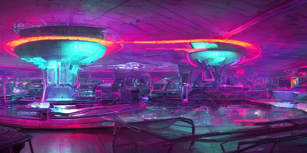 Image similar to The interior of the mothership from 'Close Encounters of the Third Kind', soft neon lights, bright colors, cinematic, smooth, chrome, dramatic, fantasy, high contrast, epic composition, sci-fi, dreamlike, surreal, 8k, unreal engine, hyper realistic, fantasy concept art, XF IQ4, 150MP, 25mm, F1.4, ISO 200, 1/160s, natural light, Adobe Lightroom, photolab, Affinity Photo, PhotoDirector 365