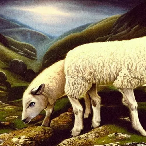 Prompt: when the lambs is lost in the mountain they is cry. sometime come the mother. sometime the wolf