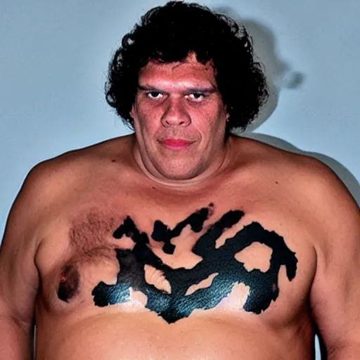 Prompt: andre the giant with an ethereum tattoo on his chest, in a leopard skin bikini