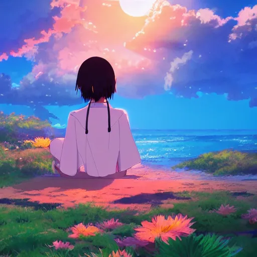 Prompt: Beautiful anime in Hawai, sunset, happy feeling, hawain flower by Makoto Shinkai