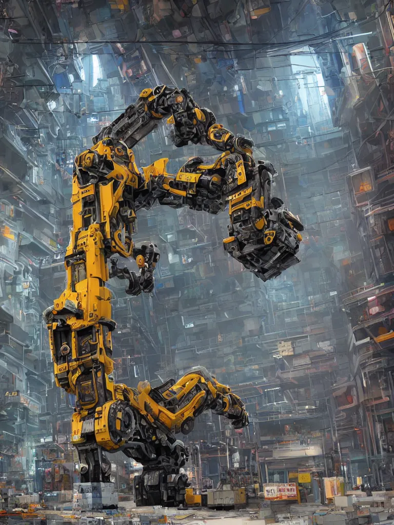 Image similar to giant builder robot in a hall of cyberpunk factory