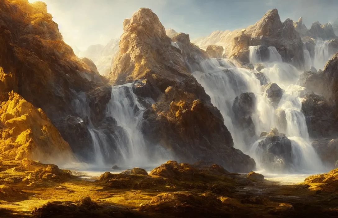 Image similar to a huge arc of a mountain far away in a hans - werner sahm inspired landscape, detailed dreamscape, hyperreal phantastic landscape, golden ratio, high aestehtic, waterfall cascades, cinematic light dramatic light, trending on artstation