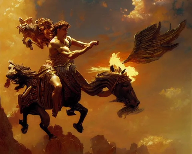 Prompt: attractive apollo greek god, riding his fire chariot. highly detailed painting by gaston bussiere, craig mullins, j. c. leyendecker 8 k