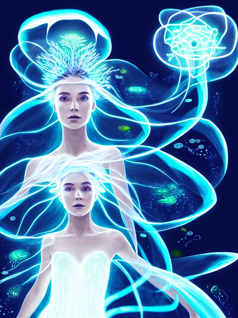 Prompt: front shot of female elemental surrounded by bioluminescent plankton, clear white dress, beautiful, radiant, glowing swirling hair, levitating, character, hyperdimensional, bioluminescent hypercubes, dark holography, spectral, chrome, intricate, elegant, highly detailed, centered, artstation, concept art, smooth, sharp focus, artgerm, Tomasz Alen Kopera, Peter Mohrbacher, donato giancola, Joseph Christian Leyendecker, WLOP, Boris Vallejo, mugshot, octane render, nvidia raytracing demo, 8K