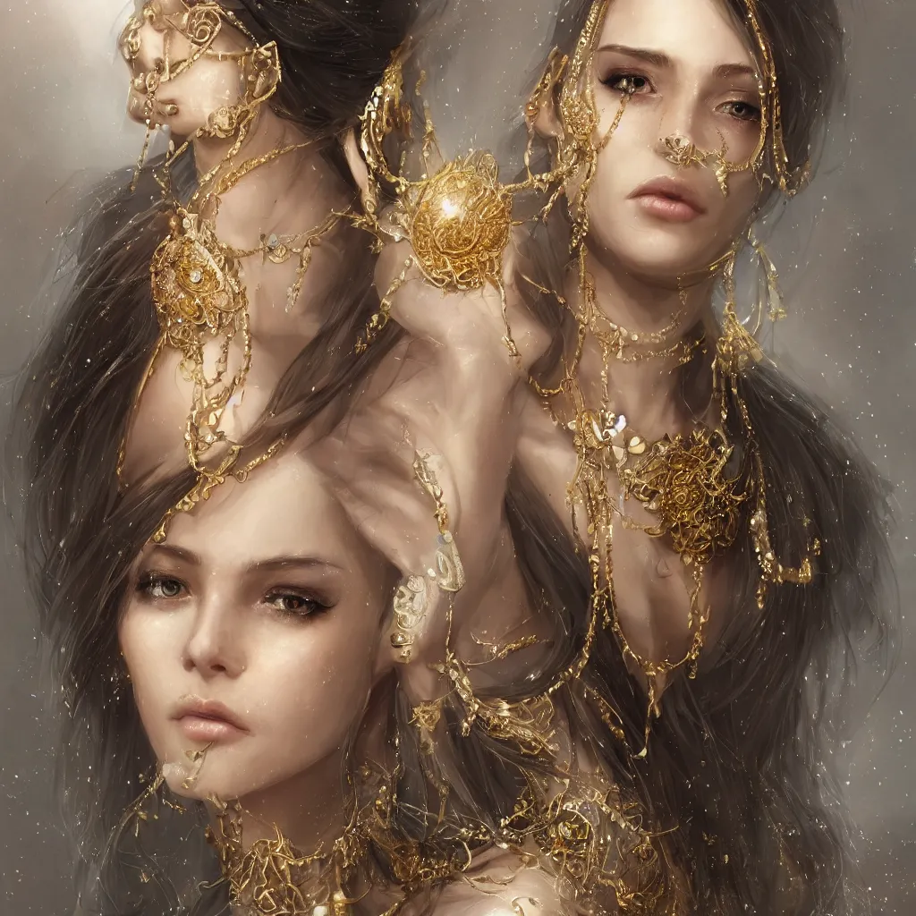 Image similar to realistic character concept, young princess with lots of jewelry in the face, elegant pose, scifi, illustration, slender symmetrical face and body, artstation, cinematic lighting, hyperdetailed, cgsociety, 8 k, high resolution, charlie bowater, tom bagshaw, single face, insanely detailed and intricate, beautiful, elegant, golden ratio, dark fractal background, vfx, postprocessing